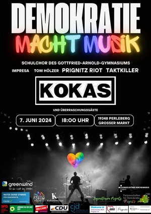 Veranstaltungsplakat zu Demokratie macht Musik am 7.6.24 Perleberg Marktplatz